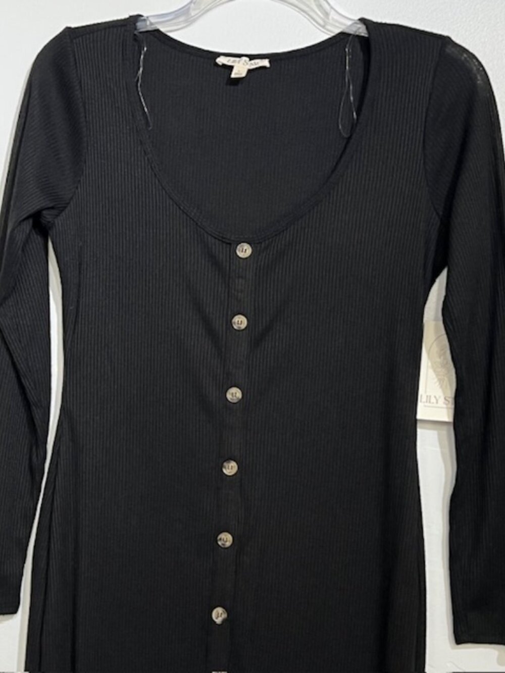 LILY STAR FAUX BUTTON-DOWN PULL-ON LONG SHIRT DRESS BLACK SIZE LARGE LONG SLEEVE - Picture 5 of 12